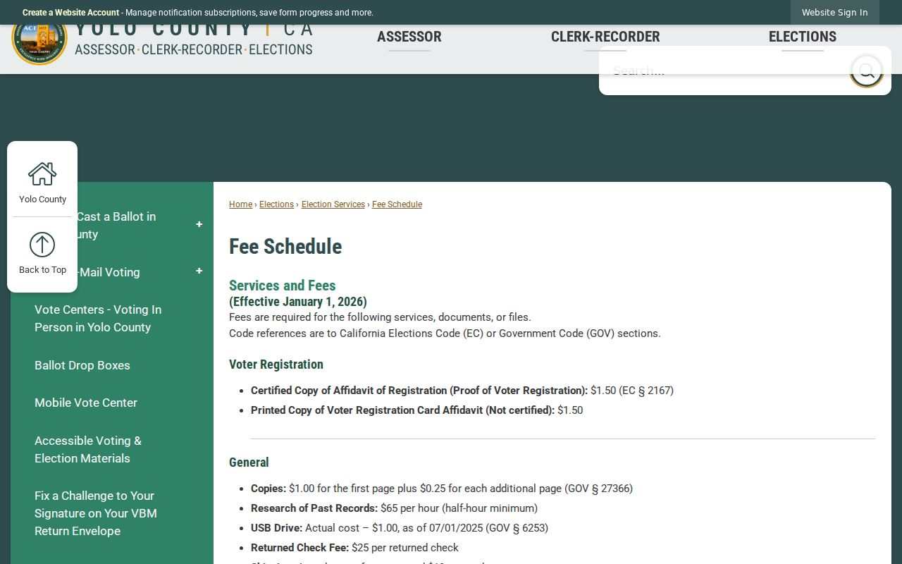 West Sacramento street directory reference to Yolo Recorder and assessor fees